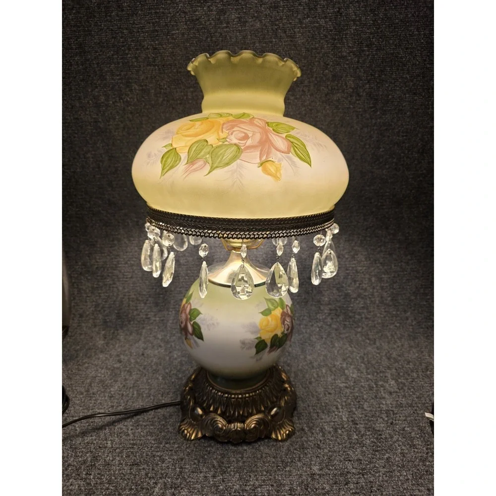 Antique Rose on Green Hurricane Lamp 10